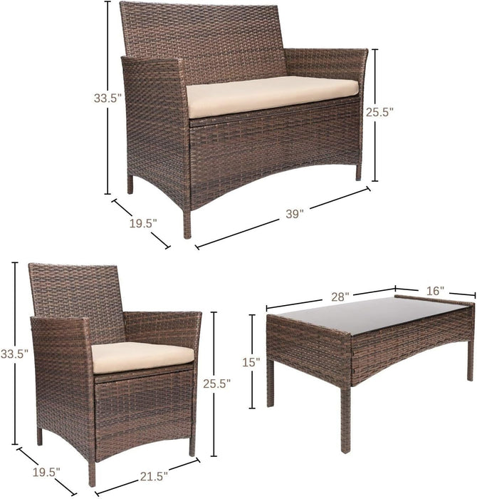 4 Pieces Outdoor Patio Furniture Set, PE Rattan Wicker Chairs Balcony Lawn Porch Patio Furniture Sets with Beige Cushion and Table (Brown)