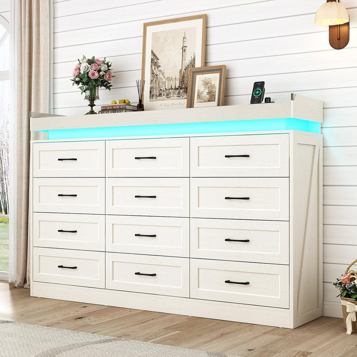 71" Wide 46" Tall Large Farmhouse 12 Drawers Dresser for Bedroom with LED Light and Power Outlets,Wood Rustic 12 Chests of Drawers for Closet,Tall Storage Dresser Organizer for Bedroom(White)
