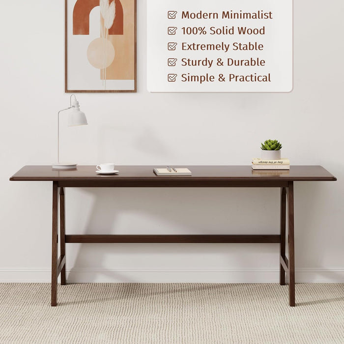 Solid Wood Writing Table - 60" W Minimalist PC Computer Desk, Walnut
