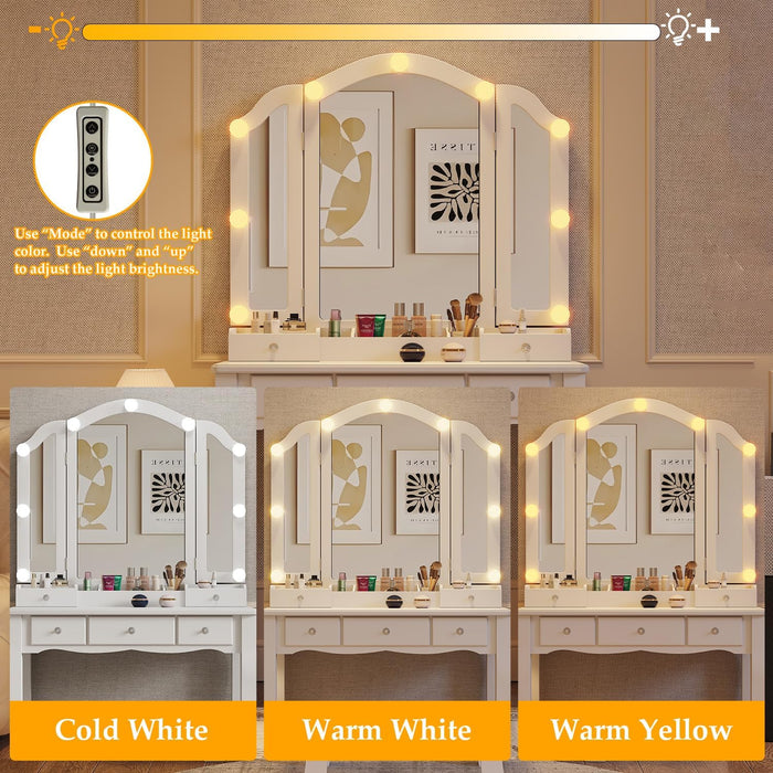 White Cosmetic Vanity Desk With Illuminated Mirror