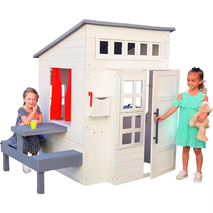 Playhouses, Modern Outdoor Wooden Playhouse with Picnic Table, Mailbox and Outdoor Grill ,Gift for Ages 3+