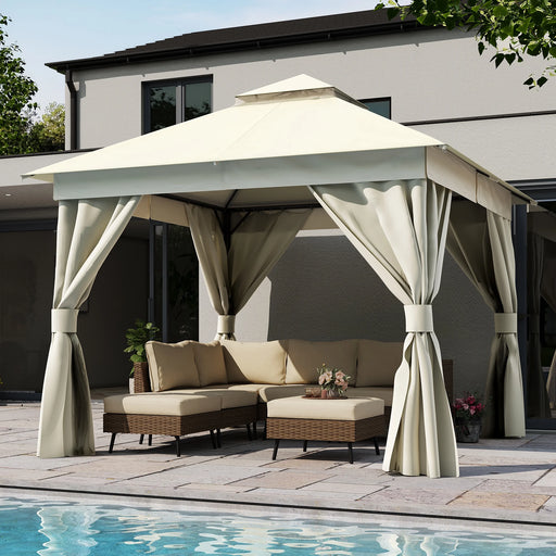 10'X10' Patio Gazebo, Double Roof Outdoor Shelter Tent with Mosquito Nettings and Privacy Screens, Cream White