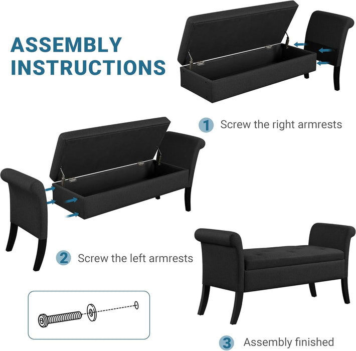 Ottoman with Storage, 52" Storage Ottoman Bench with Safety Hinge, Upholstered Bench with Seating for Bedroom, Living Room, Holds up to 661 Lb, Black