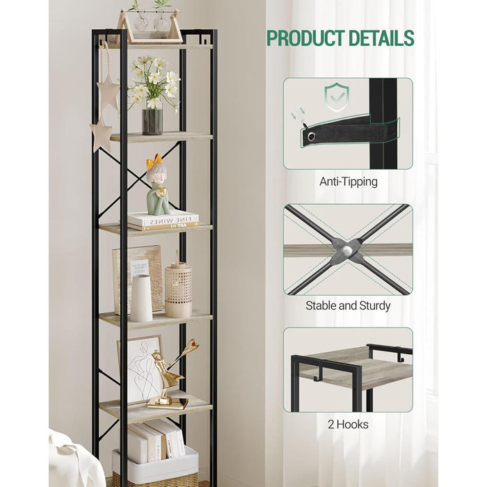Bookshelf, Book Shelf, Industrial Bookcase with 2 Hooks, Coner Shelf Storage Organizer for Home Office, Living Room, Bedroom, Kitchen, 6-Tier Greige BC10705B