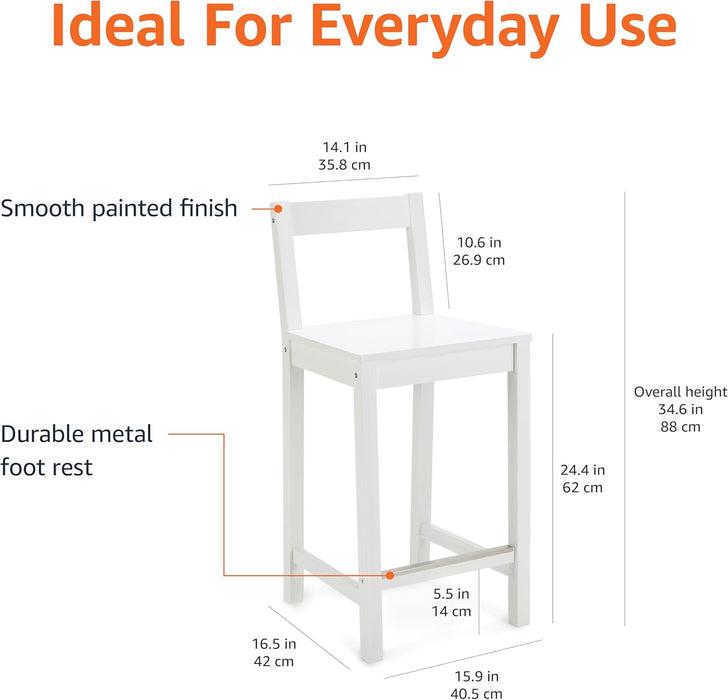 Wooden Bar Stool with Backrest, White, Set of 2