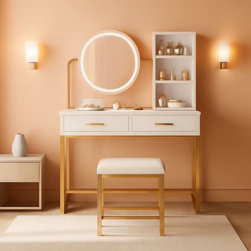 Vanity Desk with LED Lighted Mirror & Power Outlet, White Vanity Desk with Adjustable 3 Lighting Modes, Small Vanity Desk for Bedroom, Makeup Vanity with Chair for Girl, Gold and White