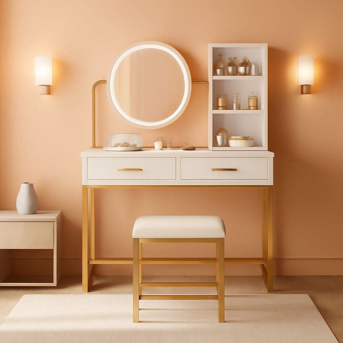 Vanity Desk with LED Lighted Mirror & Power Outlet, White Vanity Desk with Adjustable 3 Lighting Modes, Small Vanity Desk for Bedroom, Makeup Vanity with Chair for Girl, Gold and White
