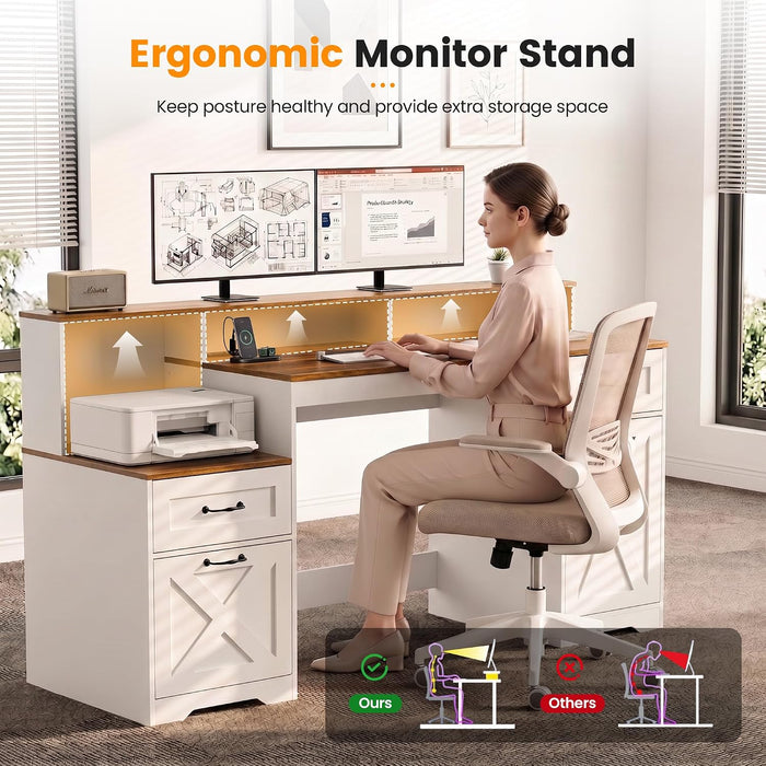 63 Inch Farmhouse Computer Desk with Drawers & Power Outlets, Large Desk with Monitor Stand & Printer Shelf, Modern Office Desk Workstation with File Cabinet for Home Office, Brown & White