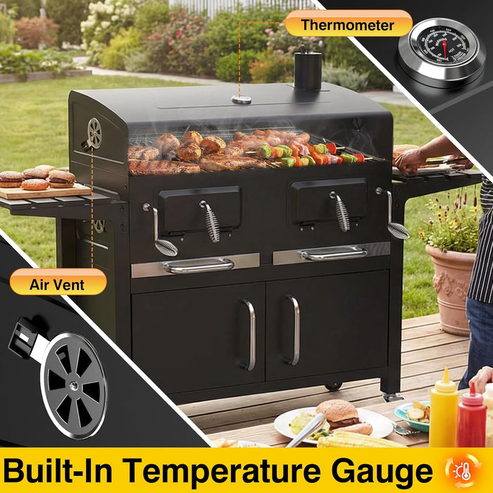 63" Oversized Charcoal BBQ Grill & Smoker, Large Outdoor Grill with 2 Individual Lifting Charcoal Trays, Cabinet-Style Charcoal Grills with Foldable Side Tables, 4 Wheels, Asadores De Carbon
