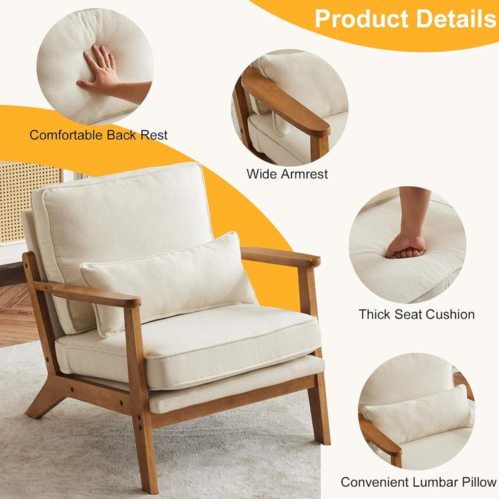 Beige Linen Mid Century Upholstered Armchair Lumbar