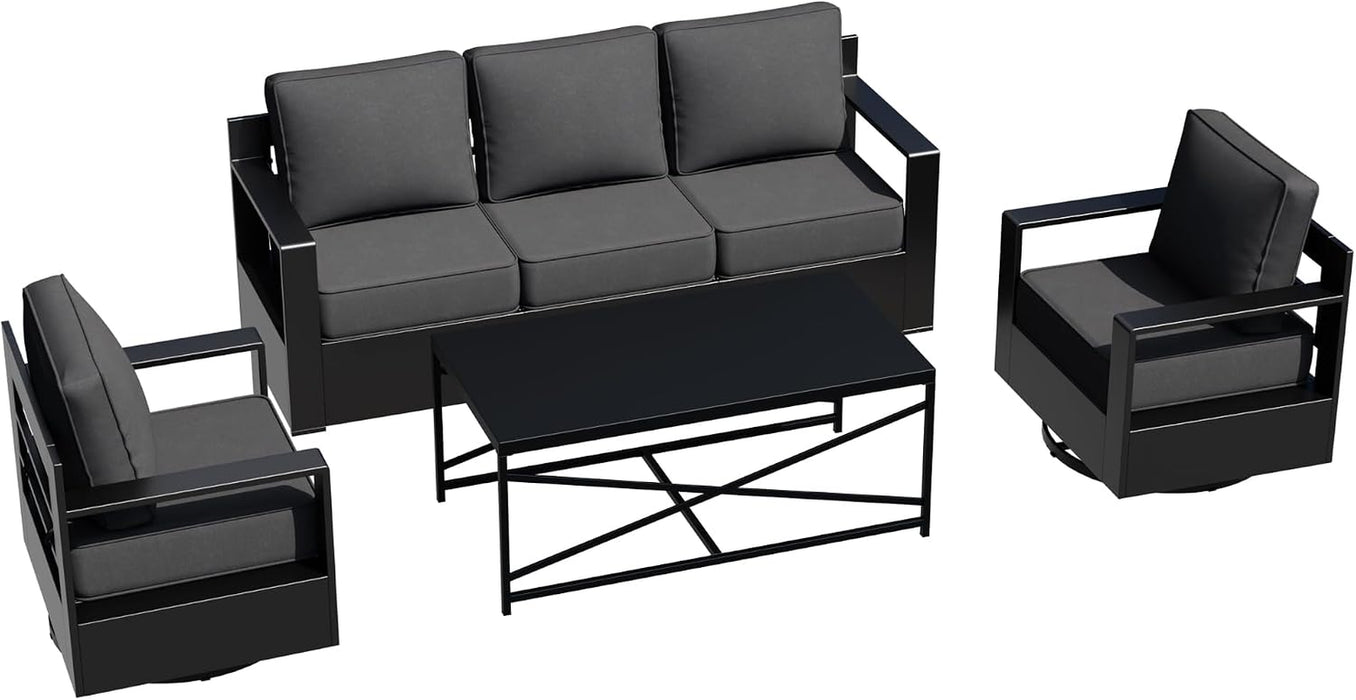Outdoor Aluminum Furniture Set, 4-Piece Patio Conversation Set, 2 Swivel Chairs, 1 Sofa and 1 Table, All-Weather Metal Frame, 6" Thick Removable Cushions, Deep Setting for Garden, Poolside and Porch
