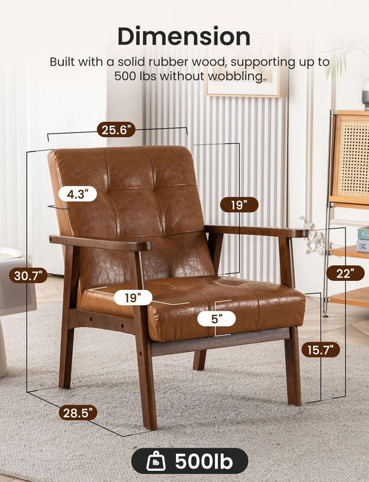 Mid Century Leather Accent Chairs, Modern Small Arm Chair for Living Room, Office Waiting Room Lobby Chair with Wooden Arms, Brown Accent Reading Chairs Set for Bedroom