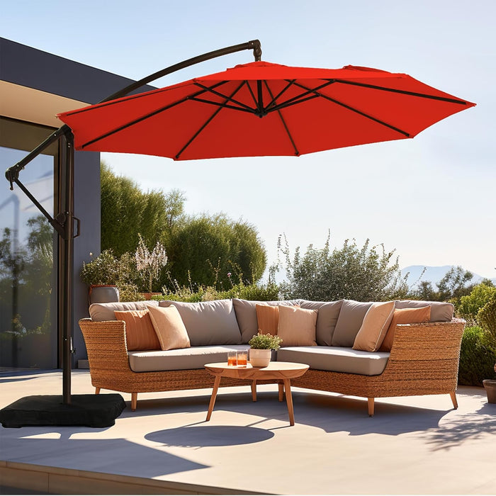 10Ft Patio Umbrella with Base Included, Outdoor Offset Cantilever Umbrella, Infinite Tilt, Crank and Cross Base, Orange Red