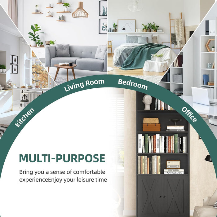 Bookshelf, Industrial Bookshelves and Bookcases with Doors Floor Standing 6 Shelf Display Storage Shelves 70.6 Inches Tall Bookcase for Home Office, Living Room (Black)