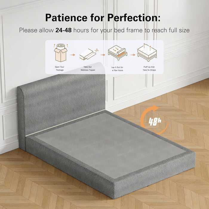 No Assembly Required Queen Size Foam Bed Frame, Ultra-Lightweight Movable Platform Bed with 360° Soft Cushioning & Anti-Collision Edges, Tool-Free Stick-On Design, No Box Spring Needed, Grey
