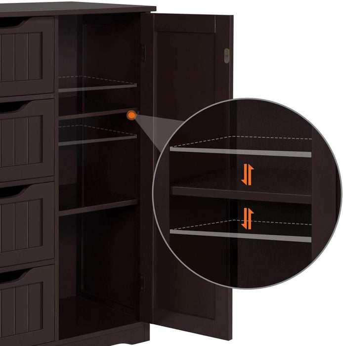 Wooden Bathroom Floor Cabinet, Side Storage Organizer Cabinet with 4 Drawers and 1 Cupboard, Freestanding Entryway Storage Unit Console Table, Home Decor Furniture, Brown