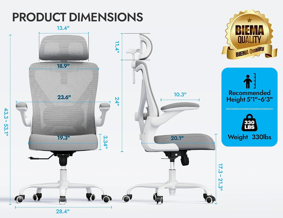 Ergonomic Office Chair: Mesh Desk Chair Comfy with Headrest& Lumbar Support
