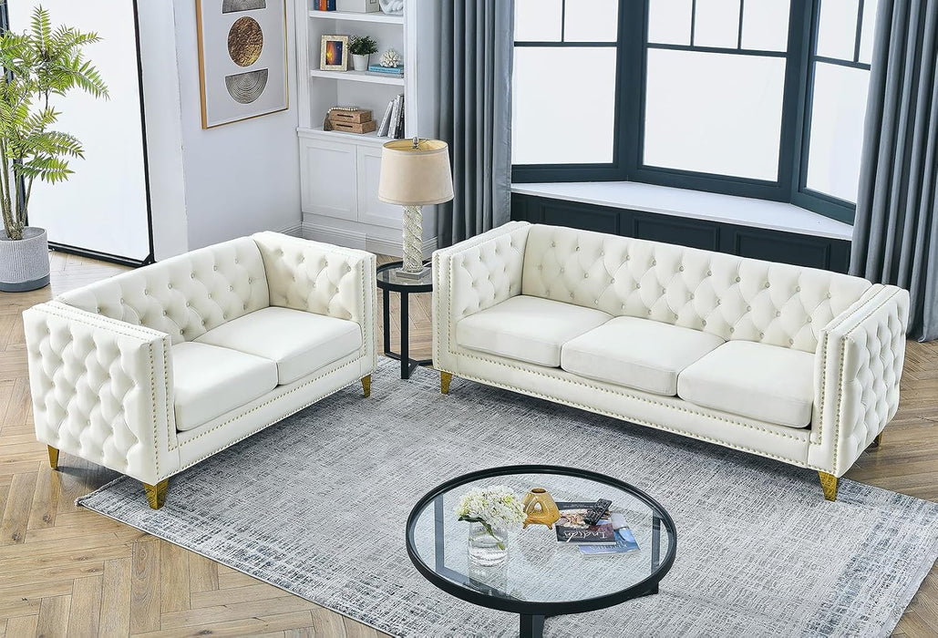 80-Inch Couches + 58-Inch Loveseat Sofa Set for Living Room, Modern Button Tufted Velvet Upholstered Sofa Couch with Square Armrests Inlaid with Gold Nail Heads and 4 Golden Metal Legs, Beige
