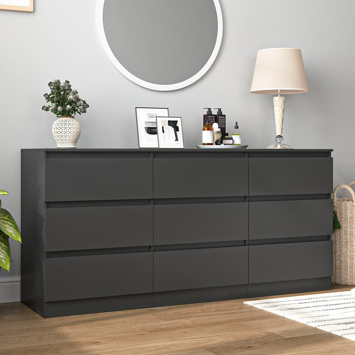 Black 9 Drawer Dresser for Bedroom, Long Dresser with Deep Drawer,Modern Wide Wood Storage Chest of Drawer, Bedroom Storage Furniture,Tv Stand for Living Room