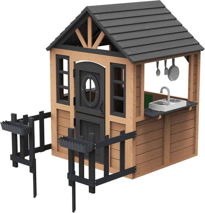 Kids Outdoor Wooden Playhouse with Kitchen Set, Durable Wood Construction with Waterproof Roof & Rust-Resistant Hinges, Pretend Playhouse for 3–8 Years Old Boys & Girls