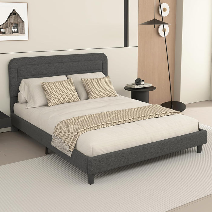 Queen Size Bed Frame with Chenille Striped Headboard, Dark Gray
