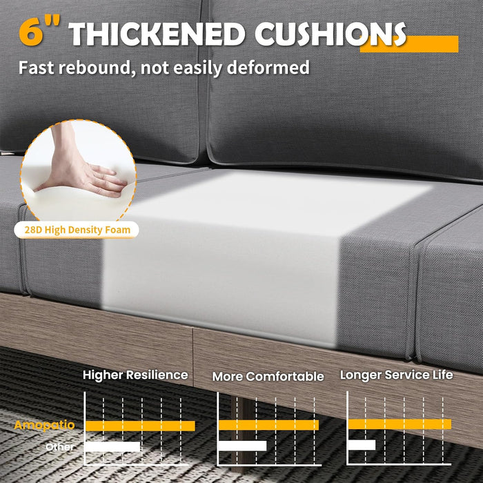 Aluminum Patio Furniture Set, 8 Pieces Modern Metal Outdoor Furniture, Faux Wood Grain Finish Frame Patio Sofa Sets with 6" Cushion for Backyard, Dark Grey (Included Waterproof Covers)