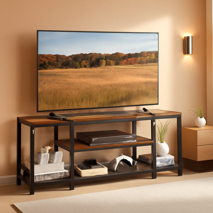 Modern TV Stand for Tvs up to 65 Inches, 3-Tier Entertainment Center, Industrial TV Console Table with Open Storage Shelves, for Living Room, Bedroom, Rustic Brown and Black ULTV097B01