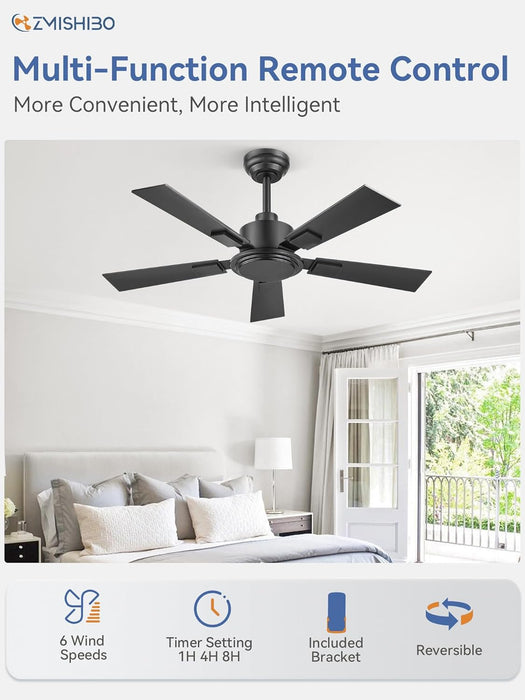 42 Inch Ceiling Fan No Light, Black Ceiling Fan without Lights, Quiet Reversible DC Motor, 6-Speeds, Small Ceiling Fan with Remote for Bedroom, Living Room, Patio, Indoor/Outdoor Use