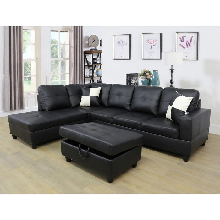 Semi PU Leather Sectional Sofa, L Shaped Couch, Sectional Sofa Set for Small Space Living Room, Black(Without Ottoman)