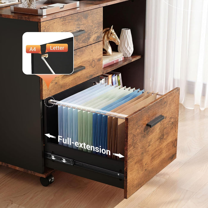 3 Drawer Wood File Cabinet, Rolling Filing Cabinet with Open Storage Shelf, Printer Stand for Home Office Storage and Organization, Fits Letter/A4 Files (Rustic Brown, Wood)