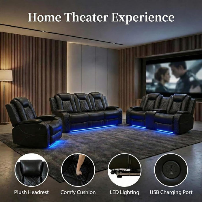 3-Piece Power Reclining Sectional Sofa Set with LED Lights,Air Leather Recliner Couch with USB Power Port,Storage Console/Cup Holder,Recliner Sofa Set for Living Room Furniture,Black