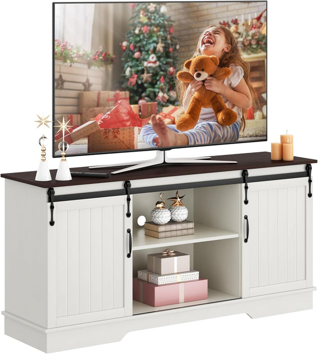 TV Stand for 65 Inch TV, Farmhouse Entertainment Center with Sliding Barn Doors, TV Media Console for Living Room, White & Espresso