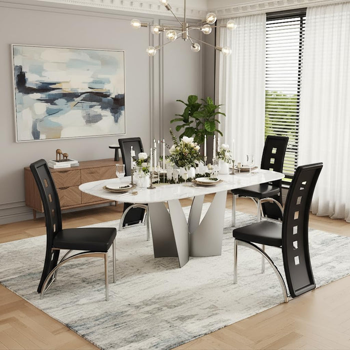 Modern Dining Chairs Set of 4, Black Dining Room Chairs Set, Upholstered Faux Leather Kitchen Chairs with Silver Metal Legs, High Backrest Armless Seating for Kitchen, Only Chair