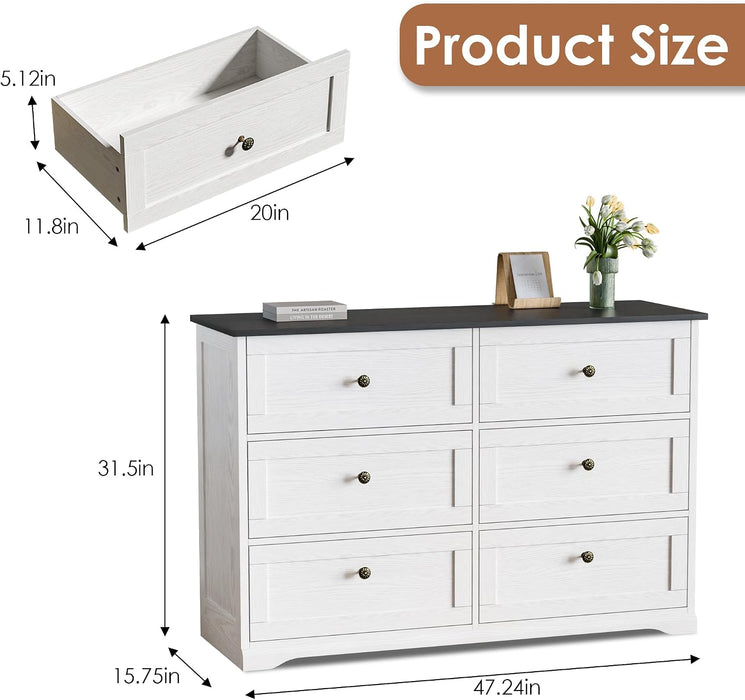 Dresser for Bedroom with 6 Drawers, 47.2" Wide Modern Chest of Drawers with Handle,Dresser TV Stand,White Dresser with Black Countertop for Living Room, Hallway