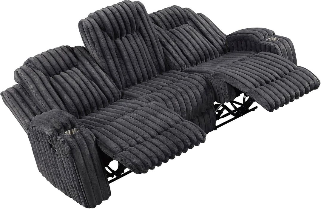 Manual Double Reclining Sofa, Corduroy Wall Hugger Manual 3 Seater Recliner Couch, Padded Armrests, Cup Holders for Living Room, Home Theater, Easy Assembly, Dark Gray