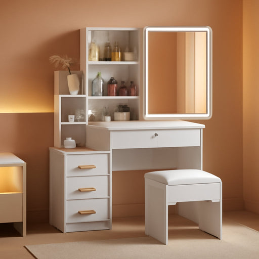 White Vanity Desk With Mirror Lights StorageDrawers