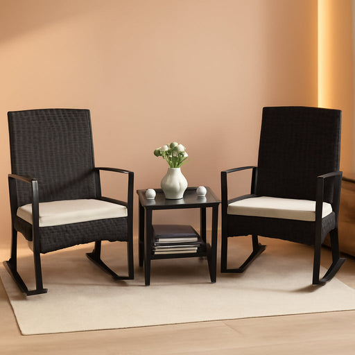 3 Pieces Patio Furniture Set Outdoor Wicker Rocking Chairs with Glass Coffee Table for Garden Backyard Porch Poolside, Beige