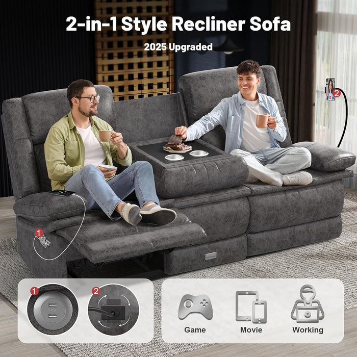 3 Seater Recliner Sofa, FSC Certified Manual Reclining Couch with Flip-Up Middle Backrest & Drawers, Modern Recliner Sofa with USB Ports & Cup Holders for RV, Living Room