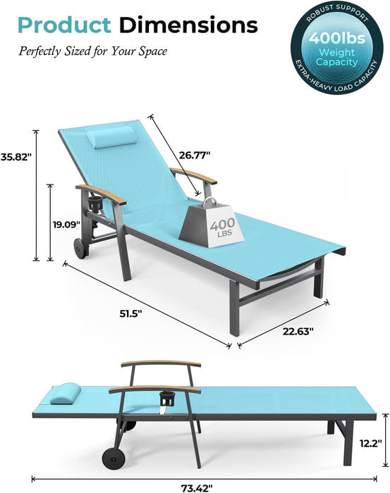 Outdoor Lounge Chair with Pillow, 5-Position Chaise Lounge with Wheels & Armrests, 400 Lbs Heavy Duty Aluminum Pool Lounger for Beach, Deck, Backyard & Poolside, Lake Blue