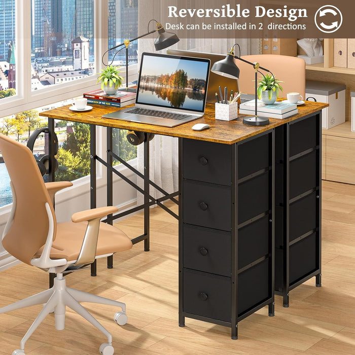 Computer Desk with 4 Fabric Drawers, 35.4 Inch Small Home Office Writing Desk, Simple Table PC Desk for Small Places, Kids Girls Teen Study Writing Desk for Bedroom Dorm Rustic Brown