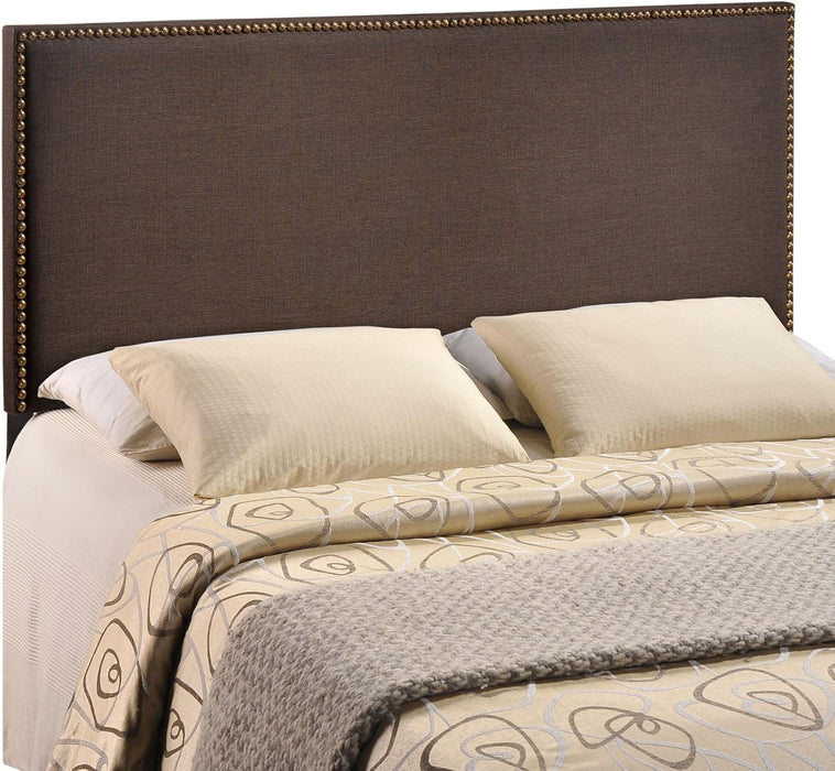 Region Linen Fabric Upholstered Queen Headboard in Dark Brown with Nailhead Trim