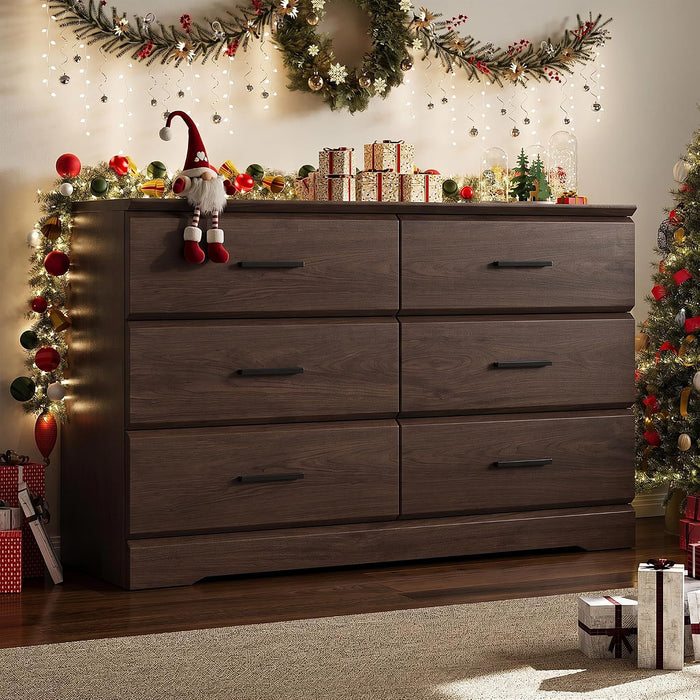 Brown 6 Drawer Dresser for Bedroom, Chest of Drawers with Silver Handle, Wood Storage Dresser with Deep Drawers for Bedroom, Living Room, Hallway Entryway (52.76 * 21.26 * 7.87 In)