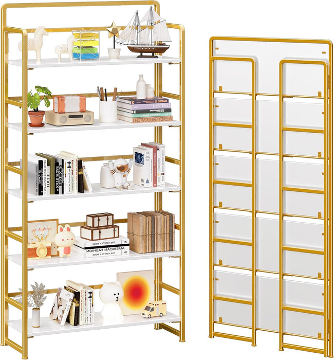 No Assembly Extra Wide 5 Tier Folding Bookshelf Tall Storage Shelves Vintage Bookcase Standing Racks for Bedroom Living Room Home Office
