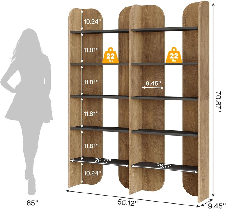 5-Tier Farmhouse Bookshelf, 70.87-Inch Tall Double Wide Bookcase with Open Shelves, Vintage Floor Standing Book Shelf (1, Brown+Black)