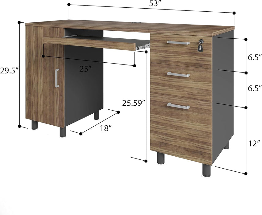 Modern Design Venice Computer Desk with Lockable Drawers, 53 Inch Home Office Desk with Storage Cabinet, Keyboard Tray & Cable Management, Modern Study Writing Desk for Small Spaces, Walnut and Black