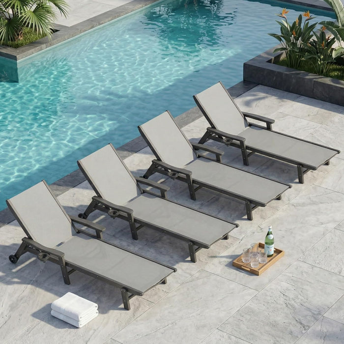 Outdoor HDPE Chaise Lounge Chairs Set of 4, Textilene Pool Loungers