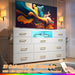 Dresser TV Stand with 11 Drawers for 60" TV Stand for Bedroom with LED Lights & Power Outlets Long Dresser for Bedroom with Shelves & 4 Hooks Sturdy Metal Frame & Wood Top, White