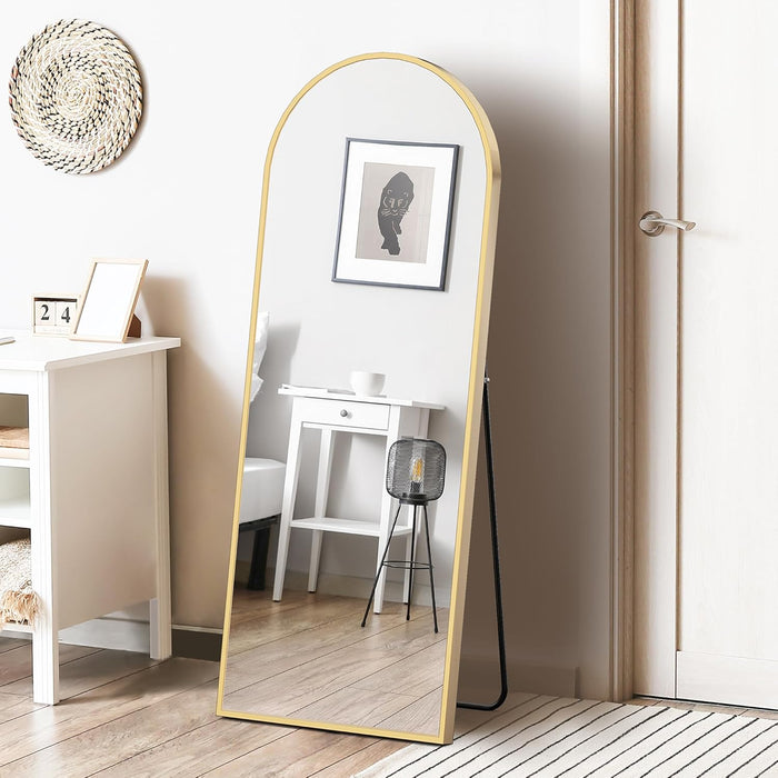 64"X21" Arched Full Length Mirror, Leaning or Standing Full Body Mirror with Aluminum Alloy Thin Frame, Suitable for Bedroom or Cloakroom,Gold