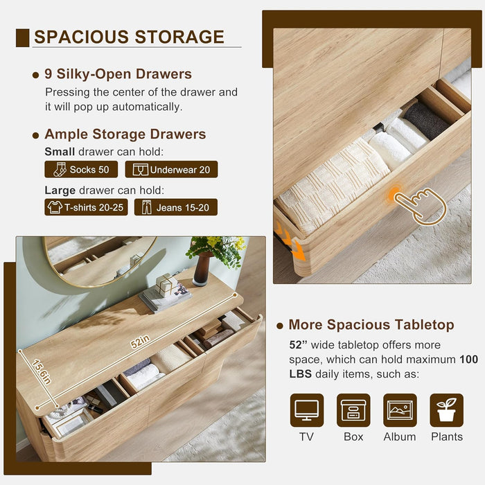 Contemporary 52Inch Wide Nine Drawer Dresser OakFinish