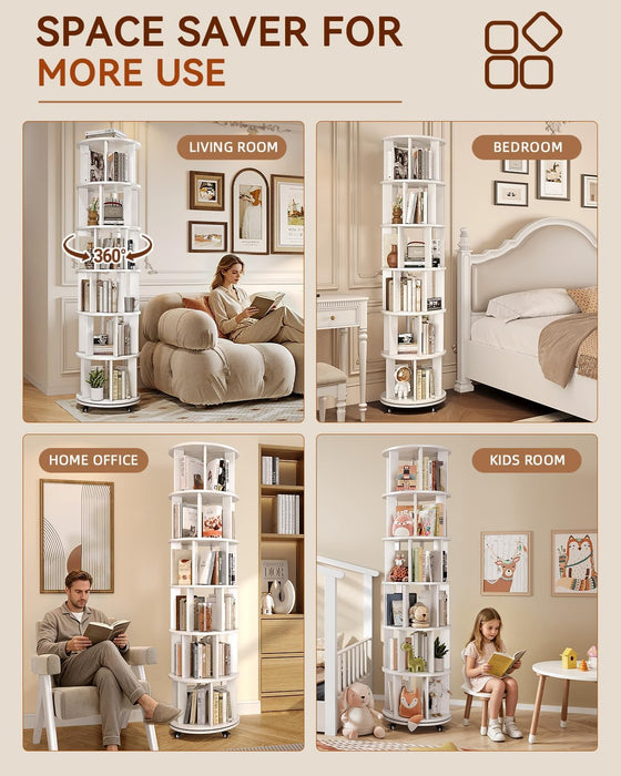 Rotating Bookshelf, 6 Tier Solid Wood Bookshelf Tower with Lockable Wheels